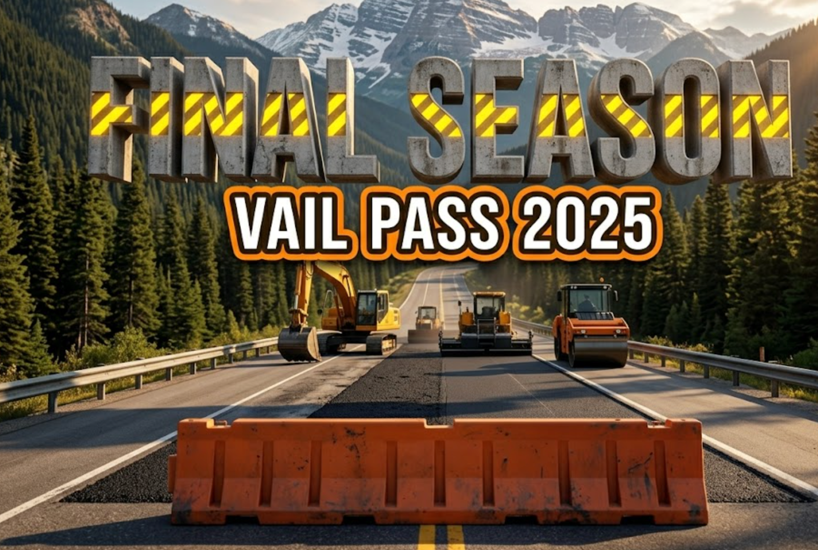 A viral, hyper-realistic YouTube thumbnail with a rugged alpine construction atmosphere. The background is a dramatic Colorado mountain highway cutting through pine forests with snow capped peaks and heavy machinery working under dramatic side lighting. The composition uses a low angle to focus on the main subject: a large orange construction barrier with fresh black asphalt behind it. Image size should be 3:2.
The image features massive 3D typography with strict hierarchy:
The Primary Text reads exactly: 'FINAL SEASON'. This text is massive, the largest element in the frame, rendered in weathered concrete with glowing yellow safety stripes to look like a high-budget 3D render.
The Secondary Text reads exactly: 'VAIL PASS 2025'. This text is significantly smaller, positioned below the main text. It features a thick, distinct bright orange border/outline (sticker style) to contrast against the background. Make sure text 2 is always different theme, style, effect and border compared to text 1.

The text materials correspond to the story's concept. Crucial Instruction: There is absolutely NO other text, numbers, watermarks, or subtitles in this image other than these two specific lines. 8k, Unreal Engine 5, cinematic render.