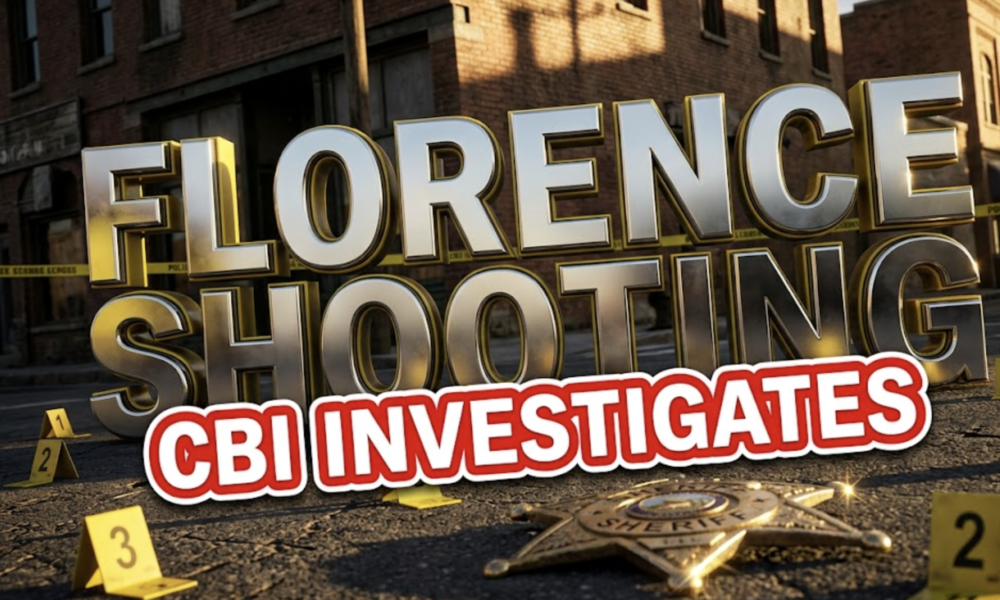 A viral, hyper-realistic YouTube thumbnail with a crime investigation atmosphere. The background is a small-town Colorado street scene with Railroad Avenue signage, police tape cordoning off an area, and dramatic golden hour lighting casting long shadows across aged brick buildings. The composition uses a Dutch angle to create tension, focusing on the main subject: detailed police evidence markers on weathered asphalt, with a sheriff's badge lying prominently in the foreground catching dramatic light. Image size should be 3:2. The image features massive 3D typography with strict hierarchy: The Primary Text reads exactly: 'FLORENCE SHOOTING'. This text is massive, the largest element in the frame, rendered in metallic chrome with crime scene yellow accents to look like a high-budget 3D render with realistic reflections and depth. The Secondary Text reads exactly: 'CBI INVESTIGATES'. This text is significantly smaller, positioned below the main text. It features a thick, distinct red border with white fill in a bold sticker style to contrast against the background. Make sure text 2 is always different theme, style, effect and border compared to text 1. The text materials correspond to the story's concept. Crucial Instruction: There is absolutely NO other text, numbers, watermarks, or subtitles in this image other than these two specific lines. 8k, Unreal Engine 5, cinematic render.