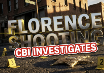 A viral, hyper-realistic YouTube thumbnail with a crime investigation atmosphere. The background is a small-town Colorado street scene with Railroad Avenue signage, police tape cordoning off an area, and dramatic golden hour lighting casting long shadows across aged brick buildings. The composition uses a Dutch angle to create tension, focusing on the main subject: detailed police evidence markers on weathered asphalt, with a sheriff's badge lying prominently in the foreground catching dramatic light. Image size should be 3:2. The image features massive 3D typography with strict hierarchy: The Primary Text reads exactly: 'FLORENCE SHOOTING'. This text is massive, the largest element in the frame, rendered in metallic chrome with crime scene yellow accents to look like a high-budget 3D render with realistic reflections and depth. The Secondary Text reads exactly: 'CBI INVESTIGATES'. This text is significantly smaller, positioned below the main text. It features a thick, distinct red border with white fill in a bold sticker style to contrast against the background. Make sure text 2 is always different theme, style, effect and border compared to text 1. The text materials correspond to the story's concept. Crucial Instruction: There is absolutely NO other text, numbers, watermarks, or subtitles in this image other than these two specific lines. 8k, Unreal Engine 5, cinematic render.