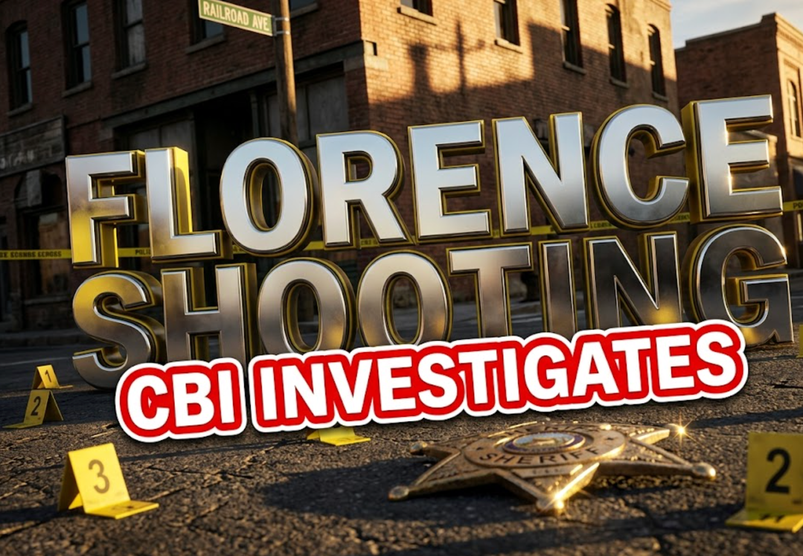A viral, hyper-realistic YouTube thumbnail with a crime investigation atmosphere. The background is a small-town Colorado street scene with Railroad Avenue signage, police tape cordoning off an area, and dramatic golden hour lighting casting long shadows across aged brick buildings. The composition uses a Dutch angle to create tension, focusing on the main subject: detailed police evidence markers on weathered asphalt, with a sheriff's badge lying prominently in the foreground catching dramatic light. Image size should be 3:2. The image features massive 3D typography with strict hierarchy: The Primary Text reads exactly: 'FLORENCE SHOOTING'. This text is massive, the largest element in the frame, rendered in metallic chrome with crime scene yellow accents to look like a high-budget 3D render with realistic reflections and depth. The Secondary Text reads exactly: 'CBI INVESTIGATES'. This text is significantly smaller, positioned below the main text. It features a thick, distinct red border with white fill in a bold sticker style to contrast against the background. Make sure text 2 is always different theme, style, effect and border compared to text 1. The text materials correspond to the story's concept. Crucial Instruction: There is absolutely NO other text, numbers, watermarks, or subtitles in this image other than these two specific lines. 8k, Unreal Engine 5, cinematic render.