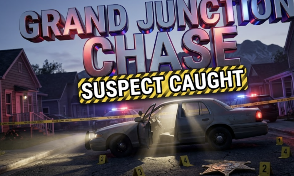 A viral, hyper-realistic YouTube thumbnail with a tense law enforcement atmosphere. The background is a dusky Colorado residential street with police cruiser lights casting dramatic red and blue strobes across house facades, with the Rocky Mountain silhouette visible in the distance. Cinematic volumetric lighting creates god rays through the emergency lights. The composition uses a low-angle Dutch tilt to create urgency, focusing on the main subject: an abandoned car with its driver door wide open, illuminated by a police spotlight beam cutting through the twilight. Image size should be 3:2. The image features massive 3D typography with strict hierarchy: The Primary Text reads exactly: 'GRAND JUNCTION CHASE'. This text is massive, the largest element in the frame, rendered in metallic chrome with pulsing red and blue police light reflections to look like a high-budget 3D render. The Secondary Text reads exactly: 'SUSPECT CAUGHT'. This text is significantly smaller, positioned below the main text. It features a thick, distinct yellow and black striped border outline (caution tape sticker style) to contrast against the background. Make sure text 2 is always different theme, style, effect and border compared to text 1. The text materials correspond to the story's concept. Crucial Instruction: There is absolutely NO other text, numbers, watermarks, or subtitles in this image other than these two specific lines. 8k, Unreal Engine 5, cinematic render.