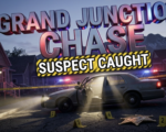 A viral, hyper-realistic YouTube thumbnail with a tense law enforcement atmosphere. The background is a dusky Colorado residential street with police cruiser lights casting dramatic red and blue strobes across house facades, with the Rocky Mountain silhouette visible in the distance. Cinematic volumetric lighting creates god rays through the emergency lights. The composition uses a low-angle Dutch tilt to create urgency, focusing on the main subject: an abandoned car with its driver door wide open, illuminated by a police spotlight beam cutting through the twilight. Image size should be 3:2. The image features massive 3D typography with strict hierarchy: The Primary Text reads exactly: 'GRAND JUNCTION CHASE'. This text is massive, the largest element in the frame, rendered in metallic chrome with pulsing red and blue police light reflections to look like a high-budget 3D render. The Secondary Text reads exactly: 'SUSPECT CAUGHT'. This text is significantly smaller, positioned below the main text. It features a thick, distinct yellow and black striped border outline (caution tape sticker style) to contrast against the background. Make sure text 2 is always different theme, style, effect and border compared to text 1. The text materials correspond to the story's concept. Crucial Instruction: There is absolutely NO other text, numbers, watermarks, or subtitles in this image other than these two specific lines. 8k, Unreal Engine 5, cinematic render.