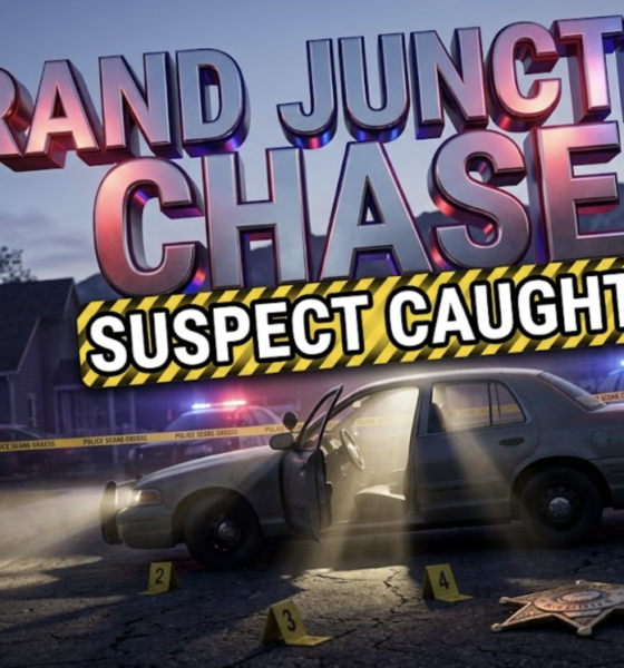 A viral, hyper-realistic YouTube thumbnail with a tense law enforcement atmosphere. The background is a dusky Colorado residential street with police cruiser lights casting dramatic red and blue strobes across house facades, with the Rocky Mountain silhouette visible in the distance. Cinematic volumetric lighting creates god rays through the emergency lights. The composition uses a low-angle Dutch tilt to create urgency, focusing on the main subject: an abandoned car with its driver door wide open, illuminated by a police spotlight beam cutting through the twilight. Image size should be 3:2. The image features massive 3D typography with strict hierarchy: The Primary Text reads exactly: 'GRAND JUNCTION CHASE'. This text is massive, the largest element in the frame, rendered in metallic chrome with pulsing red and blue police light reflections to look like a high-budget 3D render. The Secondary Text reads exactly: 'SUSPECT CAUGHT'. This text is significantly smaller, positioned below the main text. It features a thick, distinct yellow and black striped border outline (caution tape sticker style) to contrast against the background. Make sure text 2 is always different theme, style, effect and border compared to text 1. The text materials correspond to the story's concept. Crucial Instruction: There is absolutely NO other text, numbers, watermarks, or subtitles in this image other than these two specific lines. 8k, Unreal Engine 5, cinematic render.
