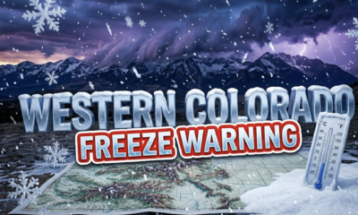 A viral, hyper-realistic YouTube thumbnail with a dramatic mountain weather atmosphere. The background is a sweeping Colorado mountain landscape at dusk with dark storm clouds rolling over snow-capped peaks, illuminated by dramatic purple and blue lighting with occasional lightning strikes in the distance. The composition uses a wide-angle low angle to focus on the main subject: massive snowflakes falling over a detailed topographic mountain range with a thermometer showing freezing temperatures embedded in fresh snow. Image size should be 3:2. The image features massive 3D typography with strict hierarchy: The Primary Text reads exactly: 'WESTERN COLORADO'. This text is massive, the largest element in the frame, rendered in Icy Chrome with realistic snow accumulation on the letters to look like a high-budget 3D render. The Secondary Text reads exactly: 'FREEZE WARNING'. This text is significantly smaller, positioned below the main text. It features a thick, distinct red and white border/outline (sticker style) with a frost effect to contrast against the background. Make sure text 2 is always different theme, style, effect and border compared to text 1. The text materials correspond to the story's concept. Crucial Instruction: There is absolutely NO other text, numbers, watermarks, or subtitles in this image other than these two specific lines. 8k, Unreal Engine 5, cinematic render.