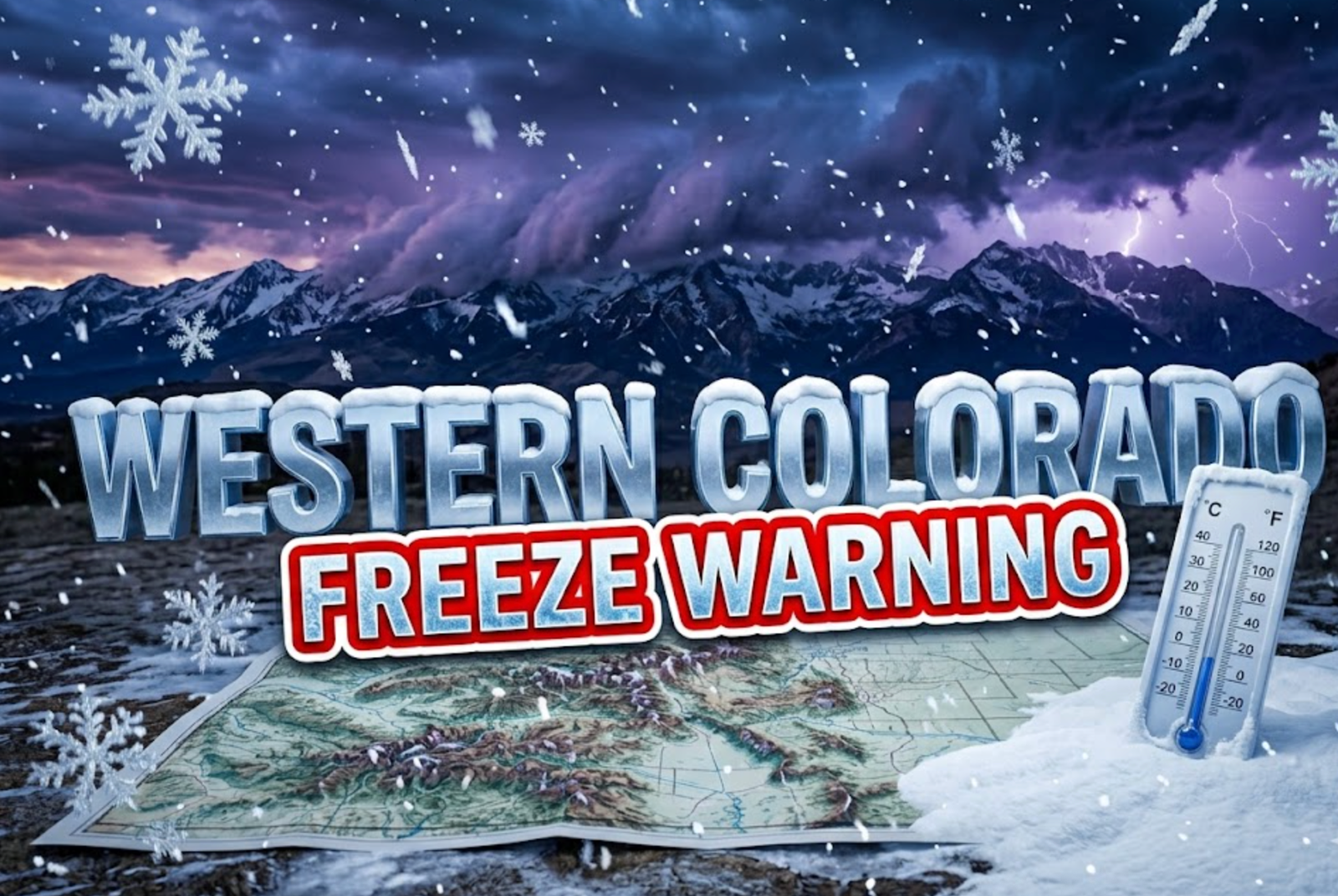 A viral, hyper-realistic YouTube thumbnail with a dramatic mountain weather atmosphere. The background is a sweeping Colorado mountain landscape at dusk with dark storm clouds rolling over snow-capped peaks, illuminated by dramatic purple and blue lighting with occasional lightning strikes in the distance. The composition uses a wide-angle low angle to focus on the main subject: massive snowflakes falling over a detailed topographic mountain range with a thermometer showing freezing temperatures embedded in fresh snow. Image size should be 3:2. The image features massive 3D typography with strict hierarchy: The Primary Text reads exactly: 'WESTERN COLORADO'. This text is massive, the largest element in the frame, rendered in Icy Chrome with realistic snow accumulation on the letters to look like a high-budget 3D render. The Secondary Text reads exactly: 'FREEZE WARNING'. This text is significantly smaller, positioned below the main text. It features a thick, distinct red and white border/outline (sticker style) with a frost effect to contrast against the background. Make sure text 2 is always different theme, style, effect and border compared to text 1. The text materials correspond to the story's concept. Crucial Instruction: There is absolutely NO other text, numbers, watermarks, or subtitles in this image other than these two specific lines. 8k, Unreal Engine 5, cinematic render.