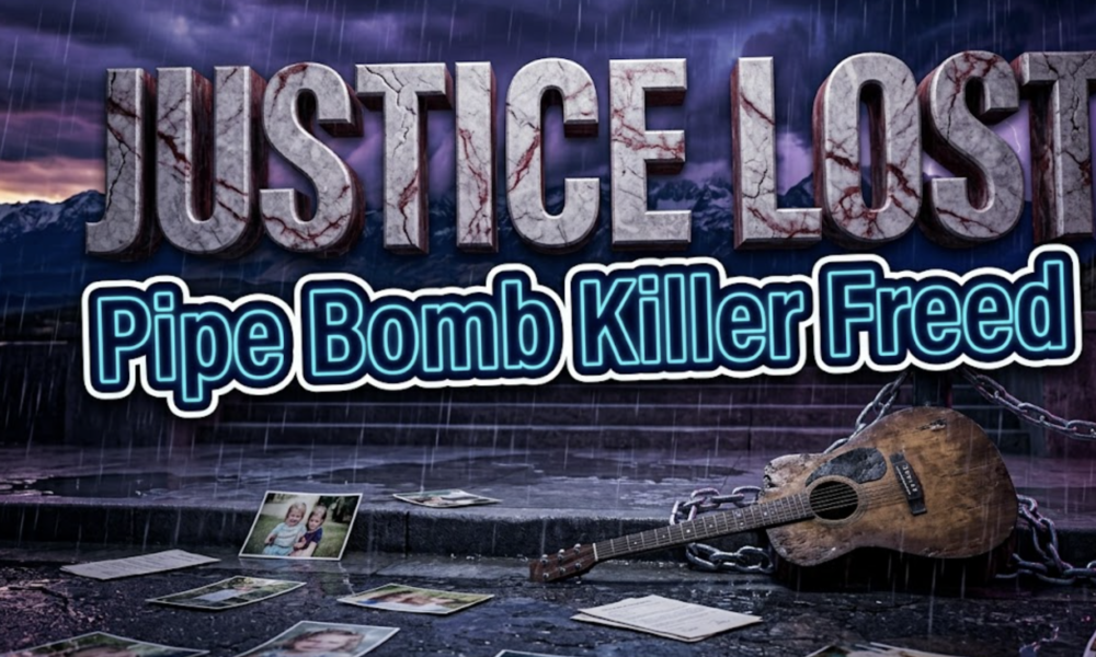 A viral, hyper-realistic YouTube thumbnail with a dark somber memorial atmosphere. The background is a rain soaked Colorado courthouse steps scattered with faded photographs and legal papers under dramatic cinematic lighting. The composition uses a low Dutch angle to focus on the main subject: a weathered childhood guitar with broken strings resting against cold steel chains. Image size should be 3:2. The image features massive 3D typography with strict hierarchy: The Primary Text reads exactly: 'JUSTICE LOST'. This text is massive, the largest element in the frame, rendered in cracked marble with deep red veins to look like a high-budget 3D render. The Secondary Text reads exactly: 'Pipe Bomb Killer Freed'. This text is significantly smaller, positioned below the main text. It features a thick, distinct neon blue border/outline (sticker style) to contrast against the background. Make sure text 2 is always different theme, style, effect and border compared to text 1. The text materials correspond to the story's concept. Crucial Instruction: There is absolutely NO other text, numbers, watermarks, or subtitles in this image other than these two specific lines. 8k, Unreal Engine 5, cinematic render.