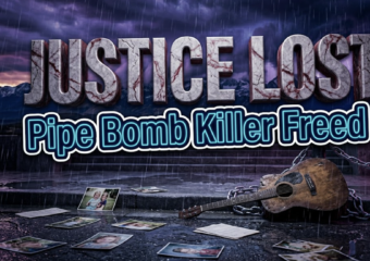 A viral, hyper-realistic YouTube thumbnail with a dark somber memorial atmosphere. The background is a rain soaked Colorado courthouse steps scattered with faded photographs and legal papers under dramatic cinematic lighting. The composition uses a low Dutch angle to focus on the main subject: a weathered childhood guitar with broken strings resting against cold steel chains. Image size should be 3:2. The image features massive 3D typography with strict hierarchy: The Primary Text reads exactly: 'JUSTICE LOST'. This text is massive, the largest element in the frame, rendered in cracked marble with deep red veins to look like a high-budget 3D render. The Secondary Text reads exactly: 'Pipe Bomb Killer Freed'. This text is significantly smaller, positioned below the main text. It features a thick, distinct neon blue border/outline (sticker style) to contrast against the background. Make sure text 2 is always different theme, style, effect and border compared to text 1. The text materials correspond to the story's concept. Crucial Instruction: There is absolutely NO other text, numbers, watermarks, or subtitles in this image other than these two specific lines. 8k, Unreal Engine 5, cinematic render.