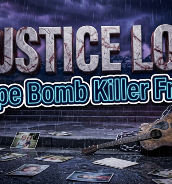 A viral, hyper-realistic YouTube thumbnail with a dark somber memorial atmosphere. The background is a rain soaked Colorado courthouse steps scattered with faded photographs and legal papers under dramatic cinematic lighting. The composition uses a low Dutch angle to focus on the main subject: a weathered childhood guitar with broken strings resting against cold steel chains. Image size should be 3:2. The image features massive 3D typography with strict hierarchy: The Primary Text reads exactly: 'JUSTICE LOST'. This text is massive, the largest element in the frame, rendered in cracked marble with deep red veins to look like a high-budget 3D render. The Secondary Text reads exactly: 'Pipe Bomb Killer Freed'. This text is significantly smaller, positioned below the main text. It features a thick, distinct neon blue border/outline (sticker style) to contrast against the background. Make sure text 2 is always different theme, style, effect and border compared to text 1. The text materials correspond to the story's concept. Crucial Instruction: There is absolutely NO other text, numbers, watermarks, or subtitles in this image other than these two specific lines. 8k, Unreal Engine 5, cinematic render.