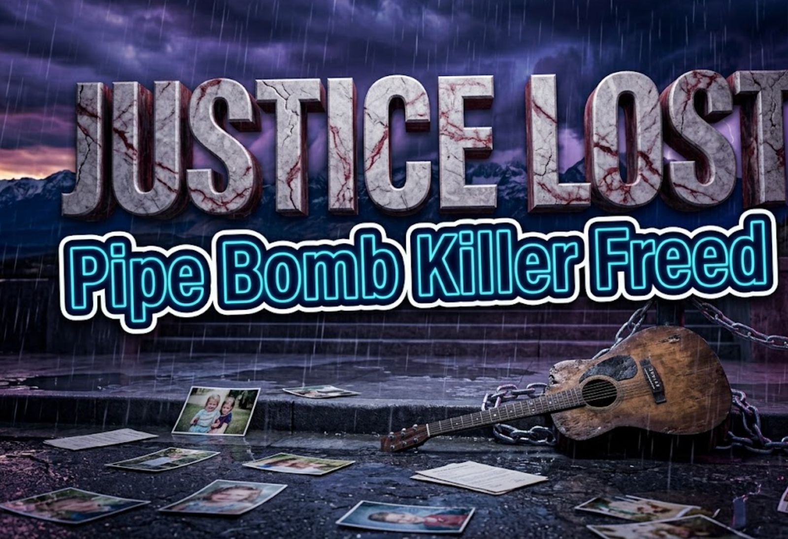 A viral, hyper-realistic YouTube thumbnail with a dark somber memorial atmosphere. The background is a rain soaked Colorado courthouse steps scattered with faded photographs and legal papers under dramatic cinematic lighting. The composition uses a low Dutch angle to focus on the main subject: a weathered childhood guitar with broken strings resting against cold steel chains. Image size should be 3:2.
The image features massive 3D typography with strict hierarchy:
The Primary Text reads exactly: 'JUSTICE LOST'. This text is massive, the largest element in the frame, rendered in cracked marble with deep red veins to look like a high-budget 3D render.
The Secondary Text reads exactly: 'Pipe Bomb Killer Freed'. This text is significantly smaller, positioned below the main text. It features a thick, distinct neon blue border/outline (sticker style) to contrast against the background. Make sure text 2 is always different theme, style, effect and border compared to text 1.

The text materials correspond to the story's concept. Crucial Instruction: There is absolutely NO other text, numbers, watermarks, or subtitles in this image other than these two specific lines. 8k, Unreal Engine 5, cinematic render.