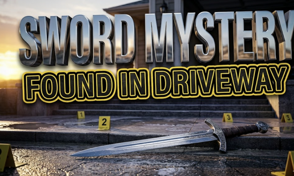A viral, hyper-realistic YouTube thumbnail with a mysterious crime-scene atmosphere. The background is a suburban Colorado driveway at dawn with dramatic golden-hour lighting casting long shadows and police evidence markers visible. The composition uses a low-angle shot to focus on the main subject: an ornate 18-inch medieval sword lying dramatically on concrete pavement with morning dew glistening on the blade. Image size should be 3:2. The image features massive 3D typography with strict hierarchy: The Primary Text reads exactly: 'SWORD MYSTERY'. This text is massive, the largest element in the frame, rendered in polished steel chrome with embedded reflections to look like a high-budget 3D render. The Secondary Text reads exactly: 'FOUND IN DRIVEWAY'. This text is significantly smaller, positioned below the main text. It features a thick, distinct yellow and black border/outline in sticker style with evidence-tape texture to contrast against the background. Make sure text 2 is always different theme, style, effect and border compared to text 1. The text materials correspond to the story's concept. Crucial Instruction: There is absolutely NO other text, numbers, watermarks, or subtitles in this image other than these two specific lines. 8k, Unreal Engine 5, cinematic render.