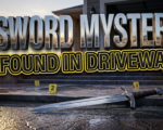 A viral, hyper-realistic YouTube thumbnail with a mysterious crime-scene atmosphere. The background is a suburban Colorado driveway at dawn with dramatic golden-hour lighting casting long shadows and police evidence markers visible. The composition uses a low-angle shot to focus on the main subject: an ornate 18-inch medieval sword lying dramatically on concrete pavement with morning dew glistening on the blade. Image size should be 3:2. The image features massive 3D typography with strict hierarchy: The Primary Text reads exactly: 'SWORD MYSTERY'. This text is massive, the largest element in the frame, rendered in polished steel chrome with embedded reflections to look like a high-budget 3D render. The Secondary Text reads exactly: 'FOUND IN DRIVEWAY'. This text is significantly smaller, positioned below the main text. It features a thick, distinct yellow and black border/outline in sticker style with evidence-tape texture to contrast against the background. Make sure text 2 is always different theme, style, effect and border compared to text 1. The text materials correspond to the story's concept. Crucial Instruction: There is absolutely NO other text, numbers, watermarks, or subtitles in this image other than these two specific lines. 8k, Unreal Engine 5, cinematic render.