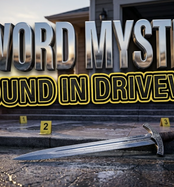 A viral, hyper-realistic YouTube thumbnail with a mysterious crime-scene atmosphere. The background is a suburban Colorado driveway at dawn with dramatic golden-hour lighting casting long shadows and police evidence markers visible. The composition uses a low-angle shot to focus on the main subject: an ornate 18-inch medieval sword lying dramatically on concrete pavement with morning dew glistening on the blade. Image size should be 3:2. The image features massive 3D typography with strict hierarchy: The Primary Text reads exactly: 'SWORD MYSTERY'. This text is massive, the largest element in the frame, rendered in polished steel chrome with embedded reflections to look like a high-budget 3D render. The Secondary Text reads exactly: 'FOUND IN DRIVEWAY'. This text is significantly smaller, positioned below the main text. It features a thick, distinct yellow and black border/outline in sticker style with evidence-tape texture to contrast against the background. Make sure text 2 is always different theme, style, effect and border compared to text 1. The text materials correspond to the story's concept. Crucial Instruction: There is absolutely NO other text, numbers, watermarks, or subtitles in this image other than these two specific lines. 8k, Unreal Engine 5, cinematic render.