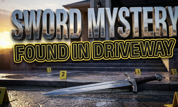 A viral, hyper-realistic YouTube thumbnail with a mysterious crime-scene atmosphere. The background is a suburban Colorado driveway at dawn with dramatic golden-hour lighting casting long shadows and police evidence markers visible. The composition uses a low-angle shot to focus on the main subject: an ornate 18-inch medieval sword lying dramatically on concrete pavement with morning dew glistening on the blade. Image size should be 3:2. The image features massive 3D typography with strict hierarchy: The Primary Text reads exactly: 'SWORD MYSTERY'. This text is massive, the largest element in the frame, rendered in polished steel chrome with embedded reflections to look like a high-budget 3D render. The Secondary Text reads exactly: 'FOUND IN DRIVEWAY'. This text is significantly smaller, positioned below the main text. It features a thick, distinct yellow and black border/outline in sticker style with evidence-tape texture to contrast against the background. Make sure text 2 is always different theme, style, effect and border compared to text 1. The text materials correspond to the story's concept. Crucial Instruction: There is absolutely NO other text, numbers, watermarks, or subtitles in this image other than these two specific lines. 8k, Unreal Engine 5, cinematic render.