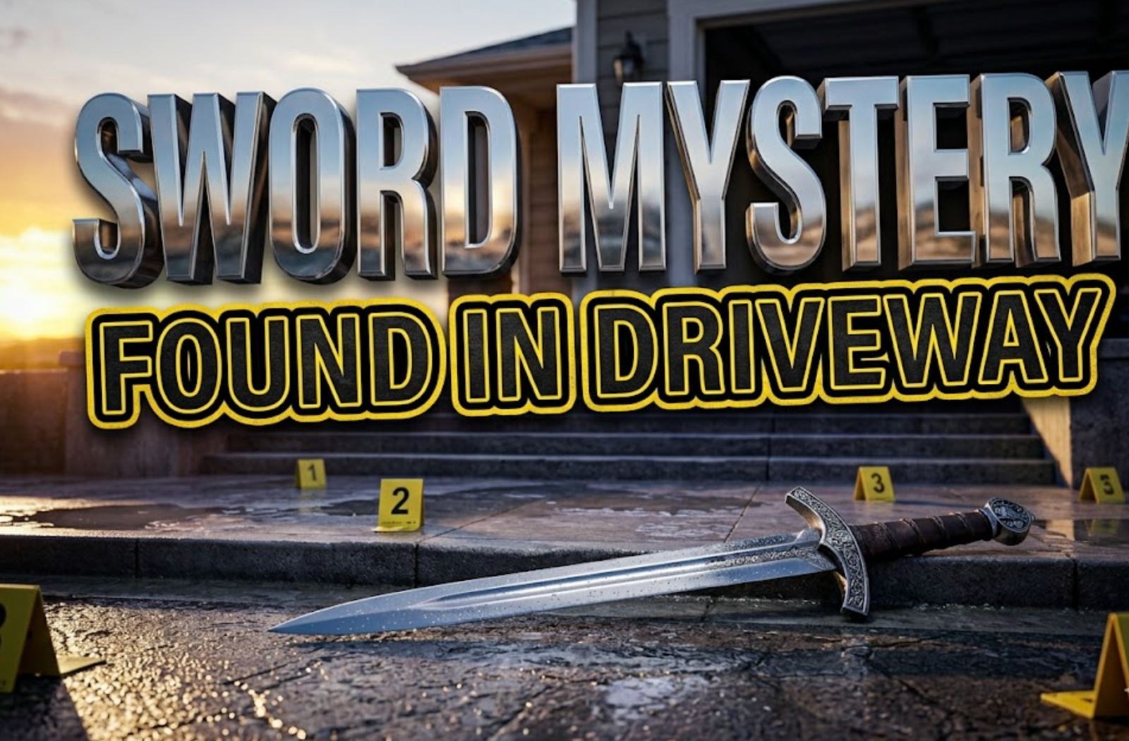 A viral, hyper-realistic YouTube thumbnail with a mysterious crime-scene atmosphere. The background is a suburban Colorado driveway at dawn with dramatic golden-hour lighting casting long shadows and police evidence markers visible. The composition uses a low-angle shot to focus on the main subject: an ornate 18-inch medieval sword lying dramatically on concrete pavement with morning dew glistening on the blade. Image size should be 3:2. The image features massive 3D typography with strict hierarchy: The Primary Text reads exactly: 'SWORD MYSTERY'. This text is massive, the largest element in the frame, rendered in polished steel chrome with embedded reflections to look like a high-budget 3D render. The Secondary Text reads exactly: 'FOUND IN DRIVEWAY'. This text is significantly smaller, positioned below the main text. It features a thick, distinct yellow and black border/outline in sticker style with evidence-tape texture to contrast against the background. Make sure text 2 is always different theme, style, effect and border compared to text 1. The text materials correspond to the story's concept. Crucial Instruction: There is absolutely NO other text, numbers, watermarks, or subtitles in this image other than these two specific lines. 8k, Unreal Engine 5, cinematic render.