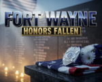 A viral, hyper-realistic YouTube thumbnail with a solemn, patriotic, blue-hour atmosphere. The background is a misty granite memorial wall engraved with officer names along North Wells Street, soft American flag waving in the distance, with cinematic god rays cutting through morning fog and warm candlelight glow at the base. The composition uses a low angle, three quarter view to focus on the main subject: a polished police badge resting on a folded American flag beside a fresh white and blue wreath, raindrops glistening on the metal. Image size should be 3:2. The image features massive 3D typography with strict hierarchy: The Primary Text reads exactly: 'FORT WAYNE'. This text is massive, the largest element in the frame, rendered in brushed chrome steel with a deep navy blue gradient and subtle reflective highlights to look like a high-budget 3D render. The Secondary Text reads exactly: 'HONORS FALLEN'. This text is significantly smaller, positioned below the main text. It features a thick gold sticker style border with a matte black fill, contrasting sharply against the foggy background. Make sure text 2 is always different theme, style, effect and border compared to text 1. The text materials correspond to the story's concept of duty, sacrifice, and remembrance. Crucial Instruction: There is absolutely NO other text, numbers, watermarks, or subtitles in this image other than these two specific lines. 8k, Unreal Engine 5, cinematic render.