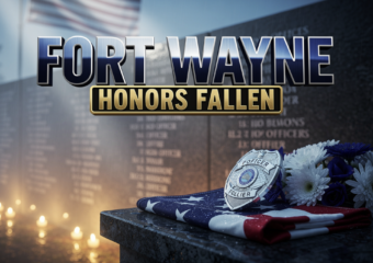 A viral, hyper-realistic YouTube thumbnail with a solemn, patriotic, blue-hour atmosphere. The background is a misty granite memorial wall engraved with officer names along North Wells Street, soft American flag waving in the distance, with cinematic god rays cutting through morning fog and warm candlelight glow at the base. The composition uses a low angle, three quarter view to focus on the main subject: a polished police badge resting on a folded American flag beside a fresh white and blue wreath, raindrops glistening on the metal. Image size should be 3:2. The image features massive 3D typography with strict hierarchy: The Primary Text reads exactly: 'FORT WAYNE'. This text is massive, the largest element in the frame, rendered in brushed chrome steel with a deep navy blue gradient and subtle reflective highlights to look like a high-budget 3D render. The Secondary Text reads exactly: 'HONORS FALLEN'. This text is significantly smaller, positioned below the main text. It features a thick gold sticker style border with a matte black fill, contrasting sharply against the foggy background. Make sure text 2 is always different theme, style, effect and border compared to text 1. The text materials correspond to the story's concept of duty, sacrifice, and remembrance. Crucial Instruction: There is absolutely NO other text, numbers, watermarks, or subtitles in this image other than these two specific lines. 8k, Unreal Engine 5, cinematic render.