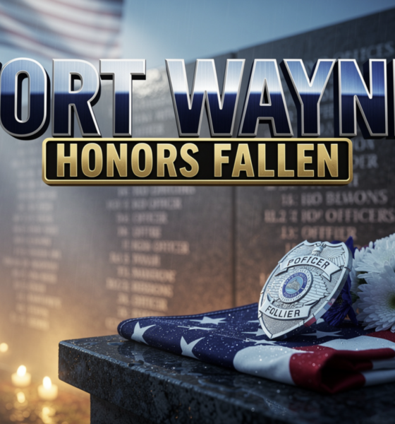 A viral, hyper-realistic YouTube thumbnail with a solemn, patriotic, blue-hour atmosphere. The background is a misty granite memorial wall engraved with officer names along North Wells Street, soft American flag waving in the distance, with cinematic god rays cutting through morning fog and warm candlelight glow at the base. The composition uses a low angle, three quarter view to focus on the main subject: a polished police badge resting on a folded American flag beside a fresh white and blue wreath, raindrops glistening on the metal. Image size should be 3:2. The image features massive 3D typography with strict hierarchy: The Primary Text reads exactly: 'FORT WAYNE'. This text is massive, the largest element in the frame, rendered in brushed chrome steel with a deep navy blue gradient and subtle reflective highlights to look like a high-budget 3D render. The Secondary Text reads exactly: 'HONORS FALLEN'. This text is significantly smaller, positioned below the main text. It features a thick gold sticker style border with a matte black fill, contrasting sharply against the foggy background. Make sure text 2 is always different theme, style, effect and border compared to text 1. The text materials correspond to the story's concept of duty, sacrifice, and remembrance. Crucial Instruction: There is absolutely NO other text, numbers, watermarks, or subtitles in this image other than these two specific lines. 8k, Unreal Engine 5, cinematic render.