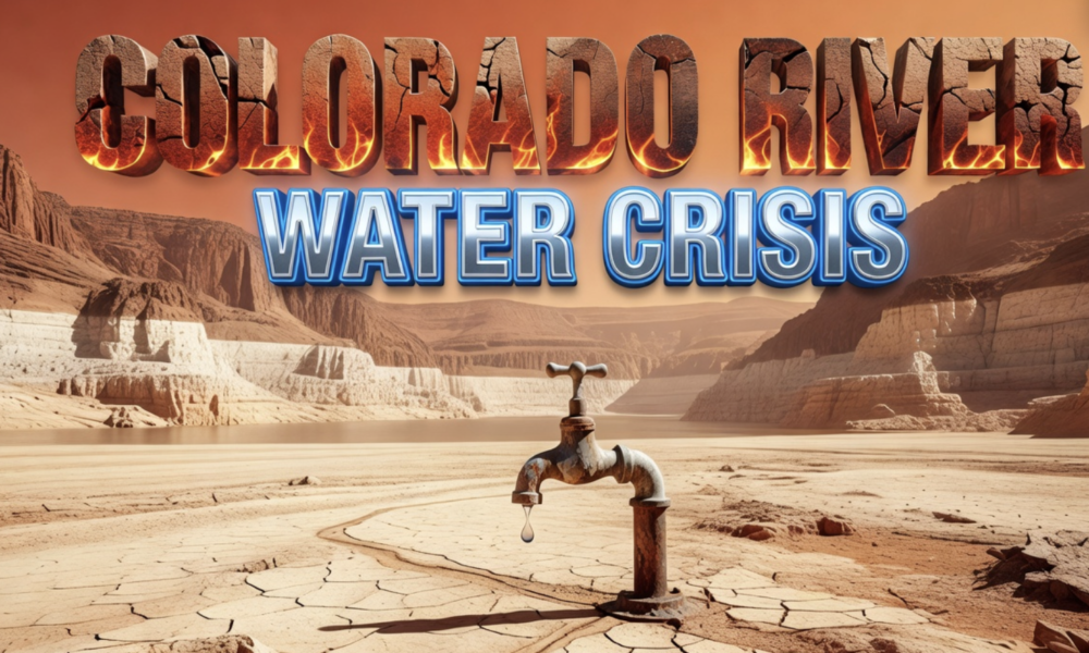 A viral, hyper-realistic YouTube thumbnail with a crisis-documentary atmosphere. The background is a cracked, sun-baked lakebed at Lake Mead with an extreme low-water bathtub ring visible on surrounding canyon walls, lit by a harsh, blazing desert sun with an orange-red dust haze filling the sky. The composition uses a dramatic low-angle shot to focus on the main subject: a large, weathered vintage water faucet nearly bone-dry with only a single drop of water trembling at its tip, resting on a cracked earth surface with a faint river map etched into the ground. Image size should be 3:2. The image features massive 3D typography with strict hierarchy: The Primary Text reads exactly: 'COLORADO RIVER'. This text is massive, the largest element in the frame, rendered in scorched, crumbling sandstone-and-rust material with a heat-shimmer distortion effect, glowing ember edges, to look like a high-budget 3D render. The Secondary Text reads exactly: 'WATER CRISIS'. This text is significantly smaller, positioned below the main text. It features a thick, electric-blue neon outline border (sticker style) with an ice-cold chrome finish to contrast sharply against the hot desert background. The text materials correspond to the story's concept of a parched, dwindling water supply meeting urgent emergency action. Crucial Instruction: There is absolutely NO other text, numbers, watermarks, or subtitles in this image other than these two specific lines. 8k, Unreal Engine 5, cinematic render.