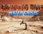 A viral, hyper-realistic YouTube thumbnail with a crisis-documentary atmosphere. The background is a cracked, sun-baked lakebed at Lake Mead with an extreme low-water bathtub ring visible on surrounding canyon walls, lit by a harsh, blazing desert sun with an orange-red dust haze filling the sky. The composition uses a dramatic low-angle shot to focus on the main subject: a large, weathered vintage water faucet nearly bone-dry with only a single drop of water trembling at its tip, resting on a cracked earth surface with a faint river map etched into the ground. Image size should be 3:2. The image features massive 3D typography with strict hierarchy: The Primary Text reads exactly: 'COLORADO RIVER'. This text is massive, the largest element in the frame, rendered in scorched, crumbling sandstone-and-rust material with a heat-shimmer distortion effect, glowing ember edges, to look like a high-budget 3D render. The Secondary Text reads exactly: 'WATER CRISIS'. This text is significantly smaller, positioned below the main text. It features a thick, electric-blue neon outline border (sticker style) with an ice-cold chrome finish to contrast sharply against the hot desert background. The text materials correspond to the story's concept of a parched, dwindling water supply meeting urgent emergency action. Crucial Instruction: There is absolutely NO other text, numbers, watermarks, or subtitles in this image other than these two specific lines. 8k, Unreal Engine 5, cinematic render.