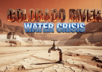 A viral, hyper-realistic YouTube thumbnail with a crisis-documentary atmosphere. The background is a cracked, sun-baked lakebed at Lake Mead with an extreme low-water bathtub ring visible on surrounding canyon walls, lit by a harsh, blazing desert sun with an orange-red dust haze filling the sky. The composition uses a dramatic low-angle shot to focus on the main subject: a large, weathered vintage water faucet nearly bone-dry with only a single drop of water trembling at its tip, resting on a cracked earth surface with a faint river map etched into the ground. Image size should be 3:2. The image features massive 3D typography with strict hierarchy: The Primary Text reads exactly: 'COLORADO RIVER'. This text is massive, the largest element in the frame, rendered in scorched, crumbling sandstone-and-rust material with a heat-shimmer distortion effect, glowing ember edges, to look like a high-budget 3D render. The Secondary Text reads exactly: 'WATER CRISIS'. This text is significantly smaller, positioned below the main text. It features a thick, electric-blue neon outline border (sticker style) with an ice-cold chrome finish to contrast sharply against the hot desert background. The text materials correspond to the story's concept of a parched, dwindling water supply meeting urgent emergency action. Crucial Instruction: There is absolutely NO other text, numbers, watermarks, or subtitles in this image other than these two specific lines. 8k, Unreal Engine 5, cinematic render.