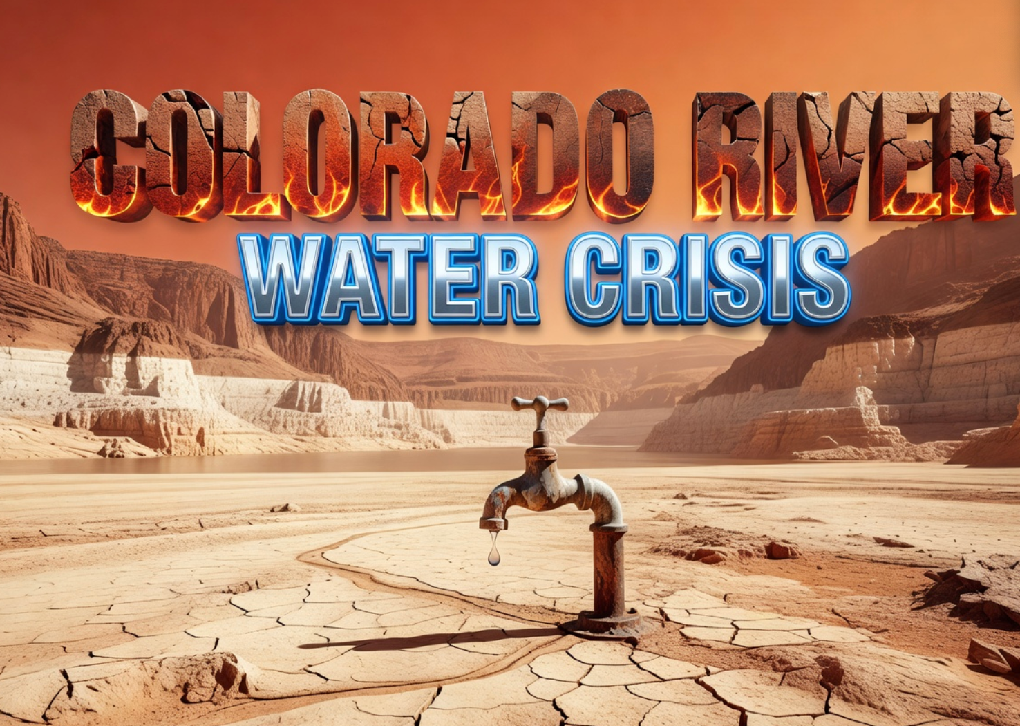 A viral, hyper-realistic YouTube thumbnail with a crisis-documentary atmosphere. The background is a cracked, sun-baked lakebed at Lake Mead with an extreme low-water bathtub ring visible on surrounding canyon walls, lit by a harsh, blazing desert sun with an orange-red dust haze filling the sky. The composition uses a dramatic low-angle shot to focus on the main subject: a large, weathered vintage water faucet nearly bone-dry with only a single drop of water trembling at its tip, resting on a cracked earth surface with a faint river map etched into the ground. Image size should be 3:2. The image features massive 3D typography with strict hierarchy: The Primary Text reads exactly: 'COLORADO RIVER'. This text is massive, the largest element in the frame, rendered in scorched, crumbling sandstone-and-rust material with a heat-shimmer distortion effect, glowing ember edges, to look like a high-budget 3D render. The Secondary Text reads exactly: 'WATER CRISIS'. This text is significantly smaller, positioned below the main text. It features a thick, electric-blue neon outline border (sticker style) with an ice-cold chrome finish to contrast sharply against the hot desert background. The text materials correspond to the story's concept of a parched, dwindling water supply meeting urgent emergency action. Crucial Instruction: There is absolutely NO other text, numbers, watermarks, or subtitles in this image other than these two specific lines. 8k, Unreal Engine 5, cinematic render.