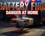 A viral, hyper-realistic YouTube thumbnail with a dramatic public safety emergency atmosphere. The background is a dark residential driveway scene at dawn with a trailer in the background, lit by flashing red and blue emergency lights and a faint orange glow of heat. The composition uses a low-angle macro shot to focus on the main subject: a large charred and swollen battery pack sitting on a trailer hitch, with thin white wisps of smoke curling upward from its vents. Image size should be 3:2. The image features massive 3D typography with strict hierarchy: The Primary Text reads exactly: 'BATTERY FIRE'. This text is massive, the largest element in the frame, rendered in molten chrome and deep fire-orange metallic material to look like a high-budget 3D render with glowing ember cracks running through each letter. The Secondary Text reads exactly: 'DANGER AT HOME'. This text is significantly smaller, positioned directly below the main text, featuring bold white letters with a thick red sticker-style border and outline, giving it a high-contrast warning label look completely distinct from the fiery metallic style above. The text materials correspond to urgent public safety and thermal danger. Crucial Instruction: There is absolutely NO other text, numbers, watermarks, or subtitles in this image other than these two specific lines. 8k, Unreal Engine 5, cinematic render.