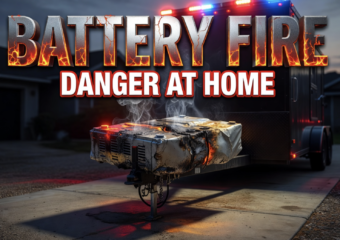 A viral, hyper-realistic YouTube thumbnail with a dramatic public safety emergency atmosphere. The background is a dark residential driveway scene at dawn with a trailer in the background, lit by flashing red and blue emergency lights and a faint orange glow of heat. The composition uses a low-angle macro shot to focus on the main subject: a large charred and swollen battery pack sitting on a trailer hitch, with thin white wisps of smoke curling upward from its vents. Image size should be 3:2. The image features massive 3D typography with strict hierarchy: The Primary Text reads exactly: 'BATTERY FIRE'. This text is massive, the largest element in the frame, rendered in molten chrome and deep fire-orange metallic material to look like a high-budget 3D render with glowing ember cracks running through each letter. The Secondary Text reads exactly: 'DANGER AT HOME'. This text is significantly smaller, positioned directly below the main text, featuring bold white letters with a thick red sticker-style border and outline, giving it a high-contrast warning label look completely distinct from the fiery metallic style above. The text materials correspond to urgent public safety and thermal danger. Crucial Instruction: There is absolutely NO other text, numbers, watermarks, or subtitles in this image other than these two specific lines. 8k, Unreal Engine 5, cinematic render.