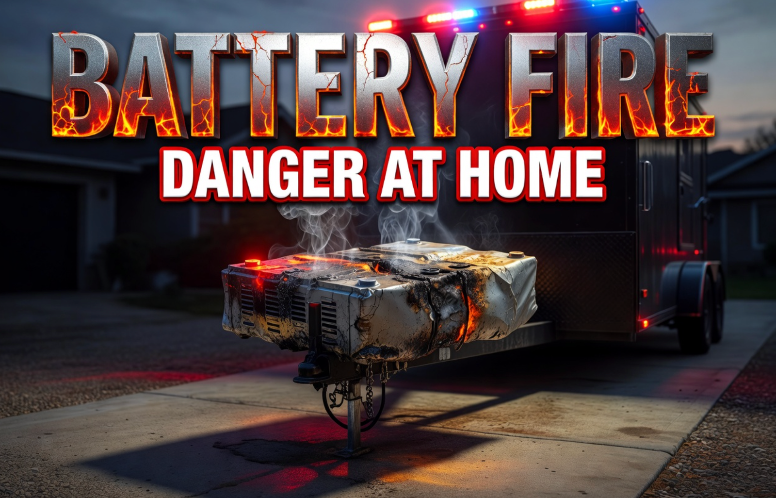 A viral, hyper-realistic YouTube thumbnail with a dramatic public safety emergency atmosphere. The background is a dark residential driveway scene at dawn with a trailer in the background, lit by flashing red and blue emergency lights and a faint orange glow of heat. The composition uses a low-angle macro shot to focus on the main subject: a large charred and swollen battery pack sitting on a trailer hitch, with thin white wisps of smoke curling upward from its vents. Image size should be 3:2. The image features massive 3D typography with strict hierarchy: The Primary Text reads exactly: 'BATTERY FIRE'. This text is massive, the largest element in the frame, rendered in molten chrome and deep fire-orange metallic material to look like a high-budget 3D render with glowing ember cracks running through each letter. The Secondary Text reads exactly: 'DANGER AT HOME'. This text is significantly smaller, positioned directly below the main text, featuring bold white letters with a thick red sticker-style border and outline, giving it a high-contrast warning label look completely distinct from the fiery metallic style above. The text materials correspond to urgent public safety and thermal danger. Crucial Instruction: There is absolutely NO other text, numbers, watermarks, or subtitles in this image other than these two specific lines. 8k, Unreal Engine 5, cinematic render.