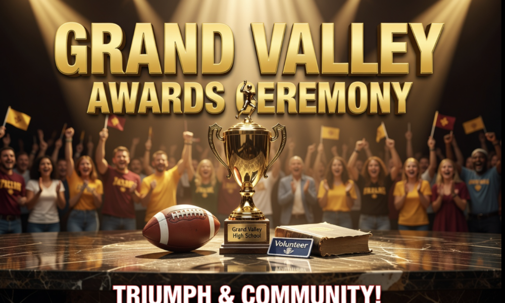 A viral, hyper-realistic YouTube thumbnail with a warm, triumphant small-town sports awards ceremony atmosphere. The background is a glowing auditorium event stage with golden spotlights beaming downward and a softly blurred proud crowd in the distance, radiating community celebration and school spirit. The composition uses a low angle to focus on the main subject: a gleaming gold award trophy centered on a reflective dark marble surface, surrounded by a football, a textbook, and a folded community volunteer badge. Image size should be 3:2. The image features massive 3D typography with strict hierarchy: The Primary Text reads exactly: 'GRAND VALLEY'. This text is massive, the largest element in the frame, rendered
