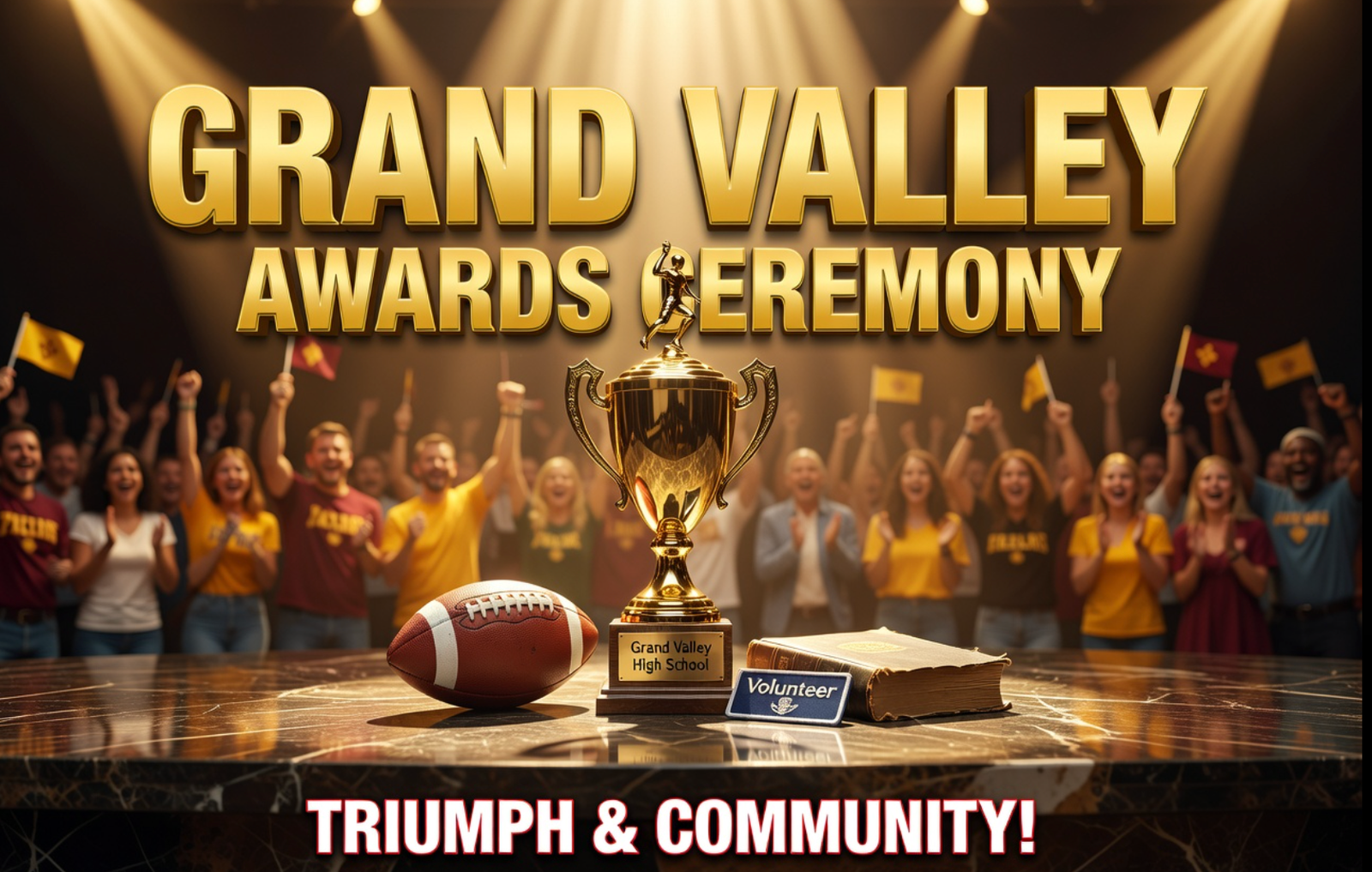 A viral, hyper-realistic YouTube thumbnail with a warm, triumphant small-town sports awards ceremony atmosphere. The background is a glowing auditorium event stage with golden spotlights beaming downward and a softly blurred proud crowd in the distance, radiating community celebration and school spirit. The composition uses a low angle to focus on the main subject: a gleaming gold award trophy centered on a reflective dark marble surface, surrounded by a football, a textbook, and a folded community volunteer badge. Image size should be 3:2. The image features massive 3D typography with strict hierarchy: The Primary Text reads exactly: 'GRAND VALLEY'. This text is massive, the largest element in the frame, rendered