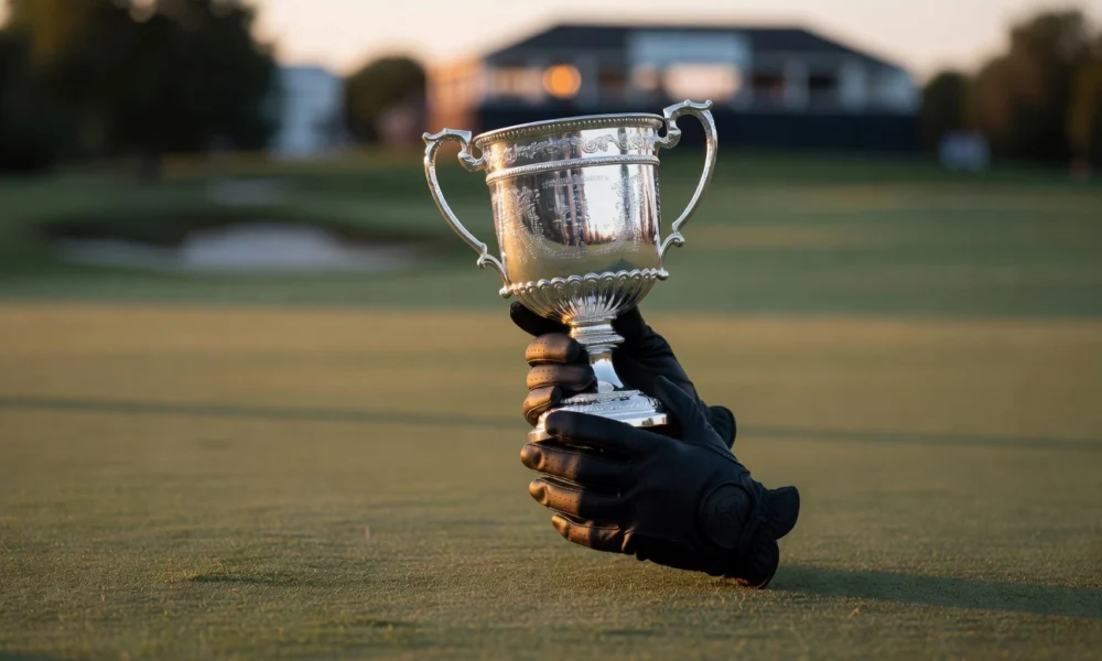 Aaron Rai 2026 PGA Championship win at Aronimink with Wanamaker Trophy.