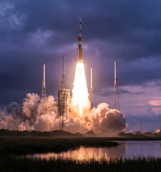 Amazon Leo satellite launch on a ULA Atlas 5 rocket from Cape Canaveral at dusk.