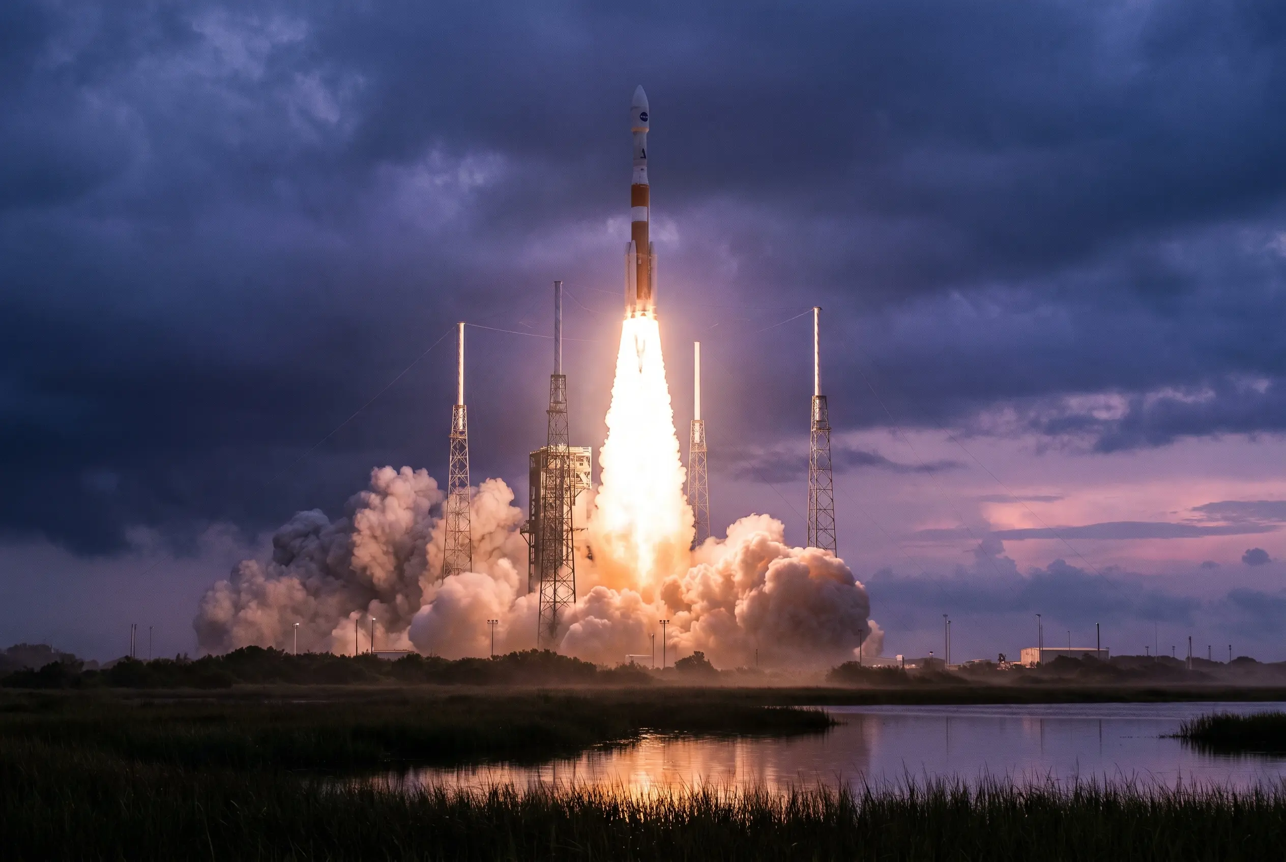 Amazon Leo satellite launch on a ULA Atlas 5 rocket from Cape Canaveral at dusk.