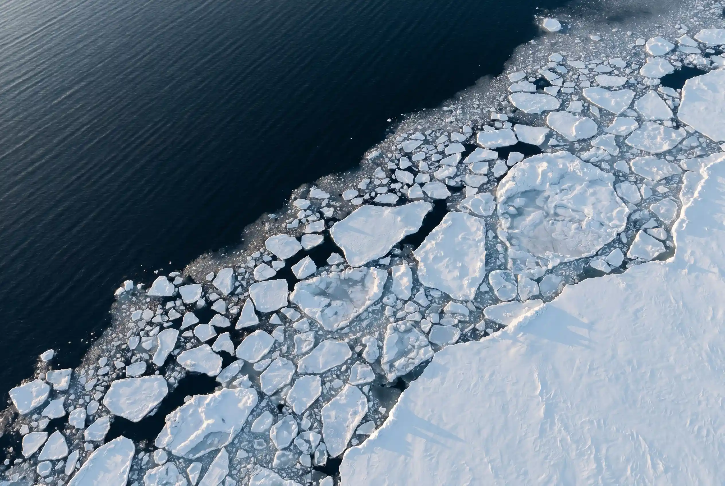 Antarctic marginal ice zone where Southern Ocean swell fractures the outer sea ice into floes.