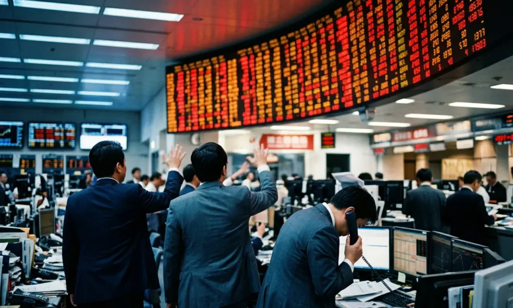 Asian stock exchange display shows red index losses after fresh US strikes inside Iran.