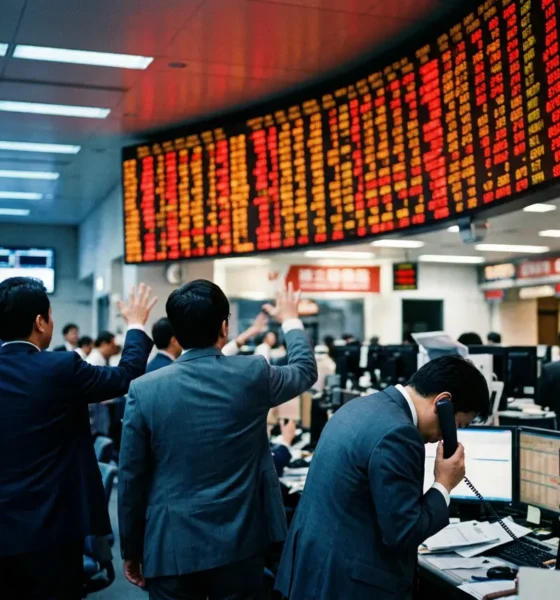 Asian stock exchange display shows red index losses after fresh US strikes inside Iran.