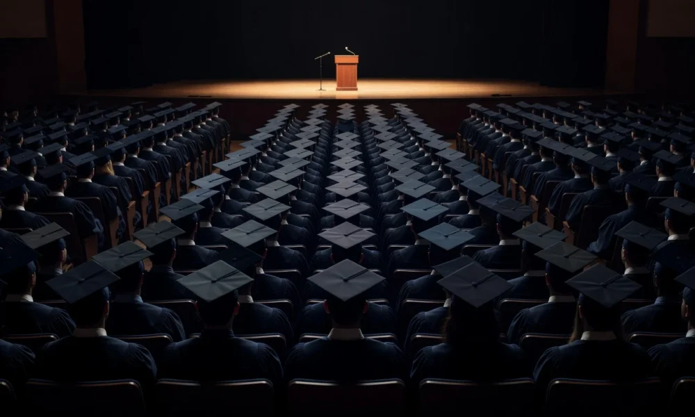 Class of 2026 graduates booing artificial intelligence commencement speeches across US universities.