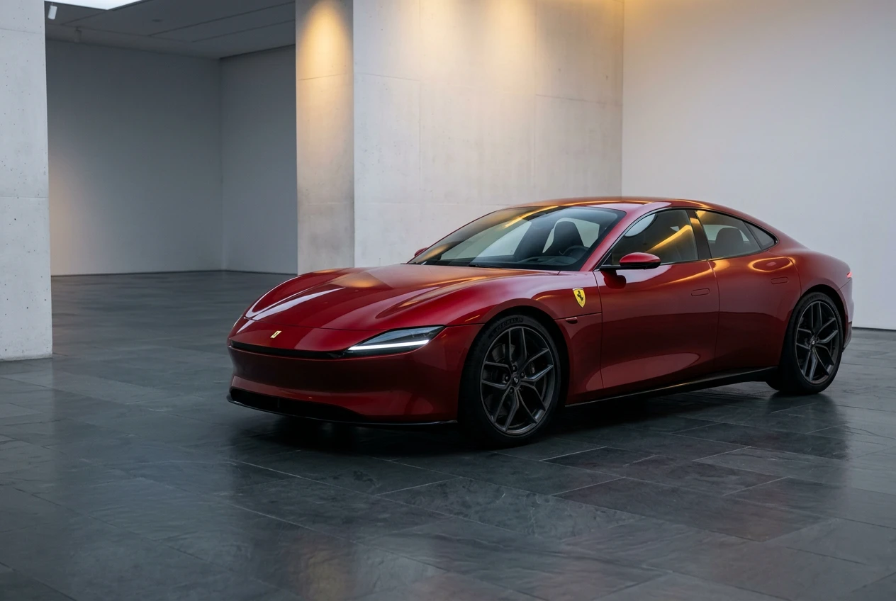 Ferrari Luce electric vehicle backlash and stock drop after Jony Ive design unveiling.