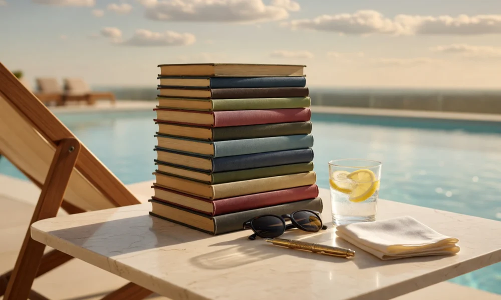 JPMorgan 2026 summer reading list books stacked on a poolside private-bank table.