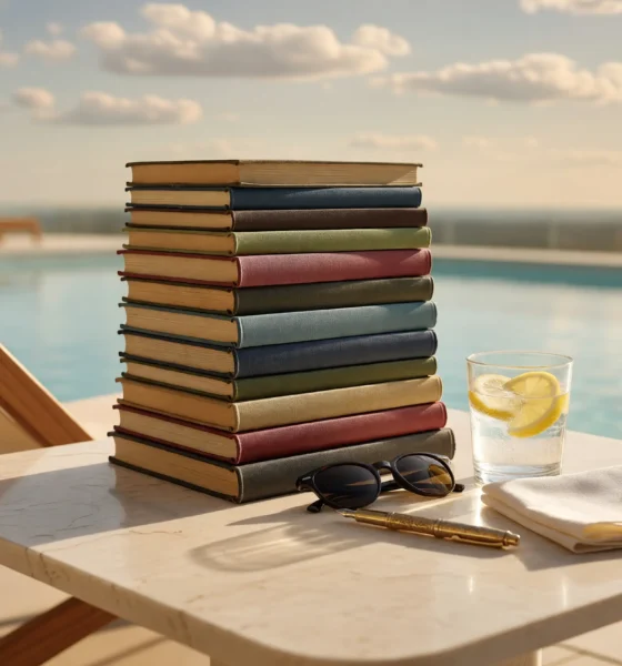 JPMorgan 2026 summer reading list books stacked on a poolside private-bank table.