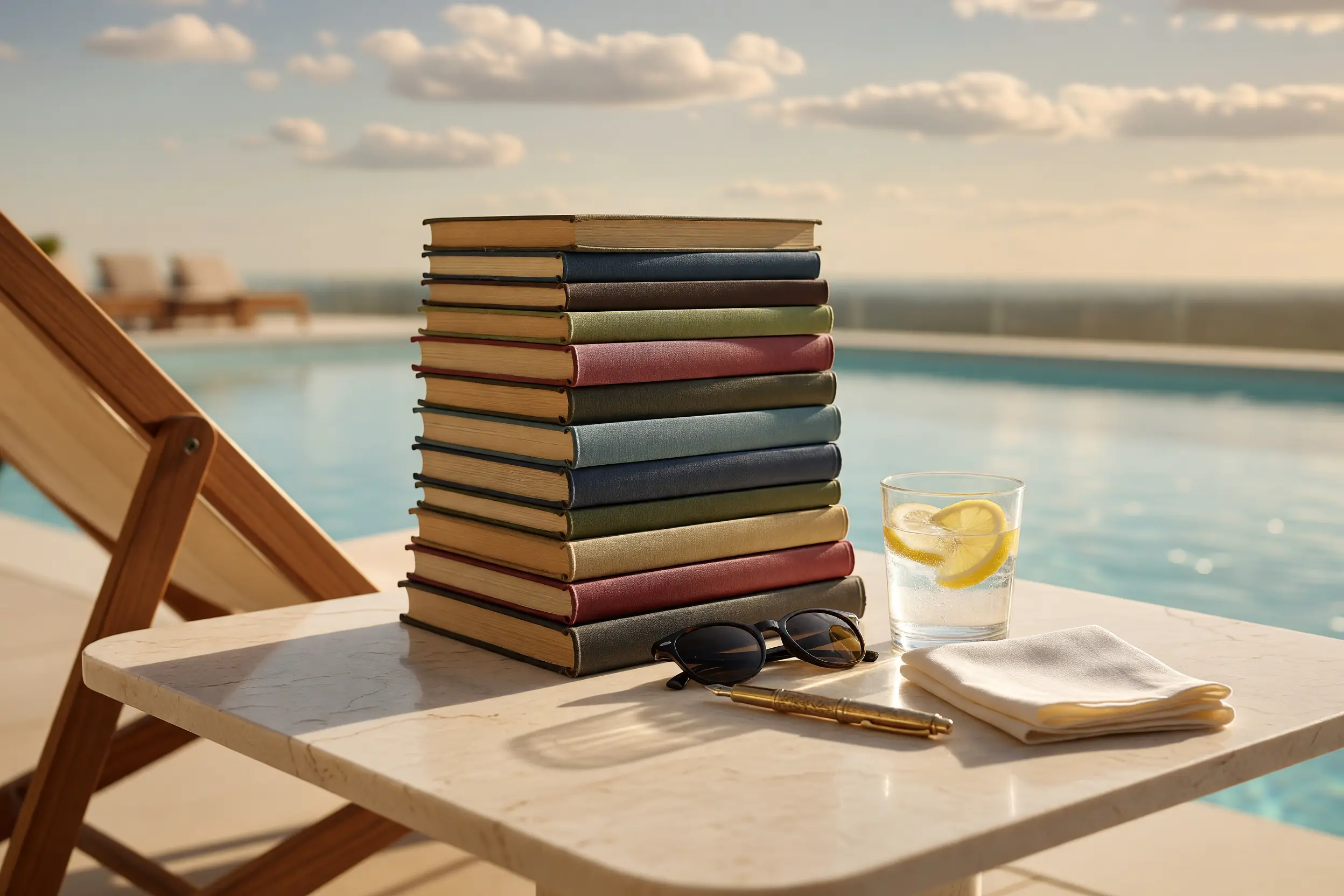 JPMorgan 2026 summer reading list books stacked on a poolside private-bank table.