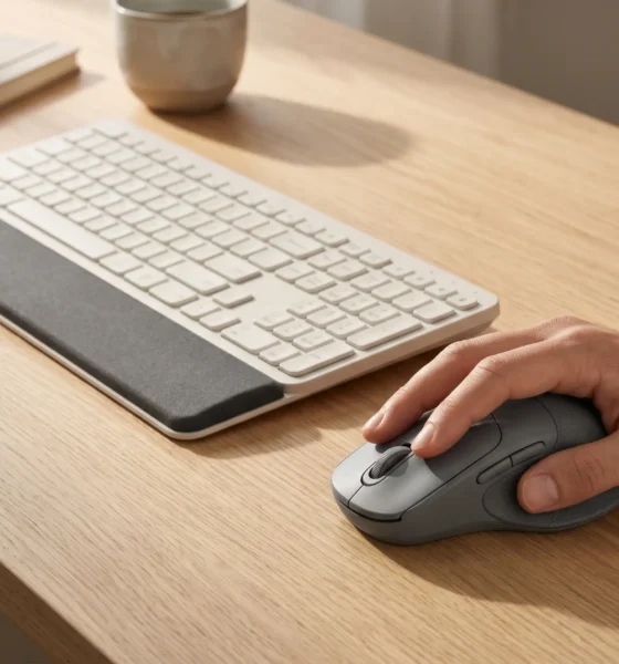 Logitech Signature Comfort Plus ergonomic mouse and keyboard combo on a desk.