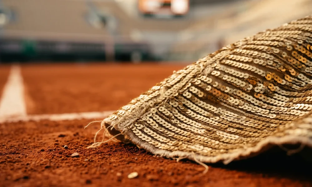 Naomi Osaka French Open gold sequined Eiffel Tower dress at Roland Garros.