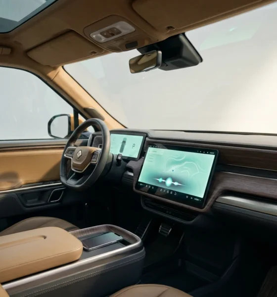 Rivian R1S interior display showing native infotainment without Apple CarPlay support.