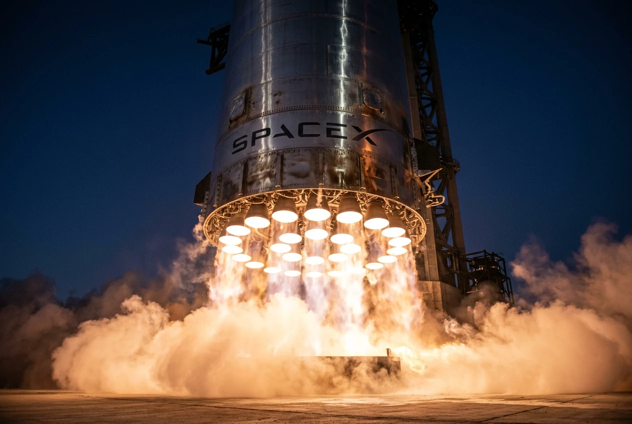 SpaceX Super Heavy booster engines glow during Starship Flight 12 ascent from Starbase.