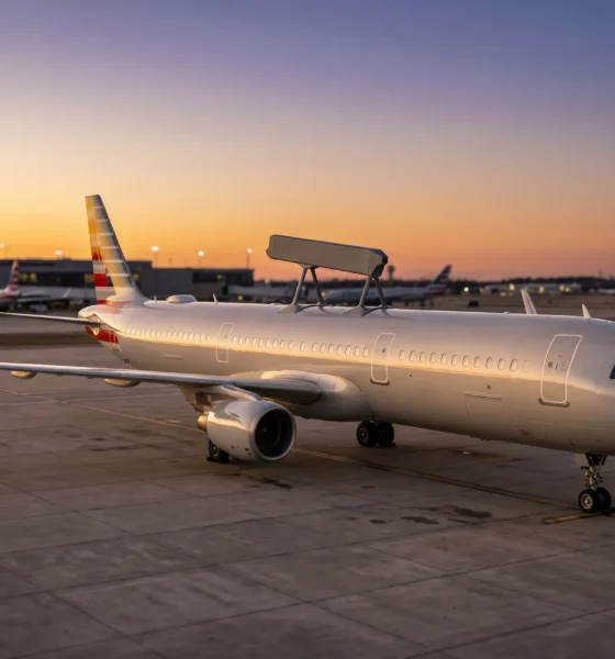Starlink phased-array antenna on American Airlines Airbus narrow-body jet at golden hour airfield.