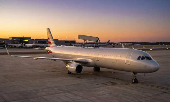 Starlink phased-array antenna on American Airlines Airbus narrow-body jet at golden hour airfield.