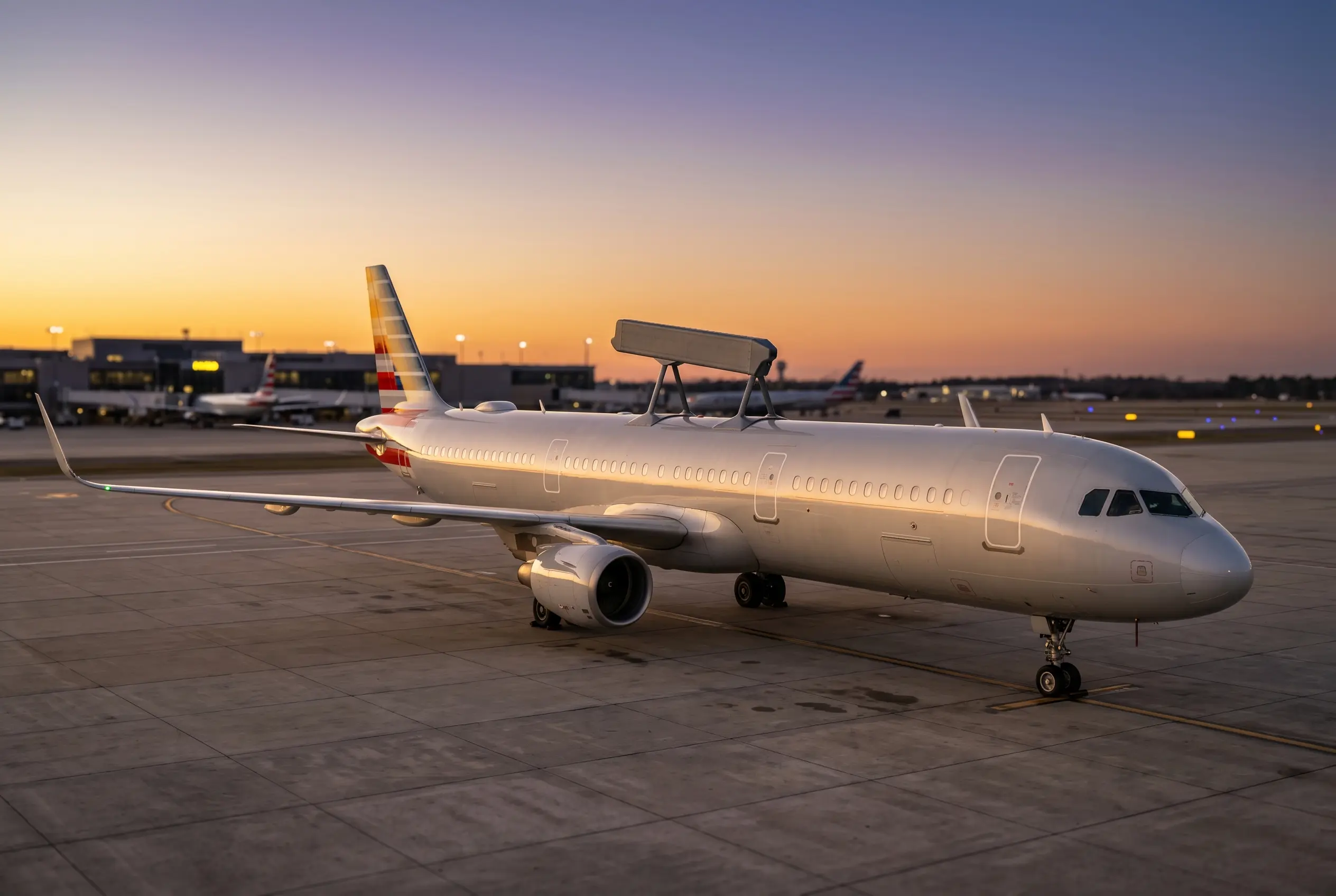 Starlink phased-array antenna on American Airlines Airbus narrow-body jet at golden hour airfield.