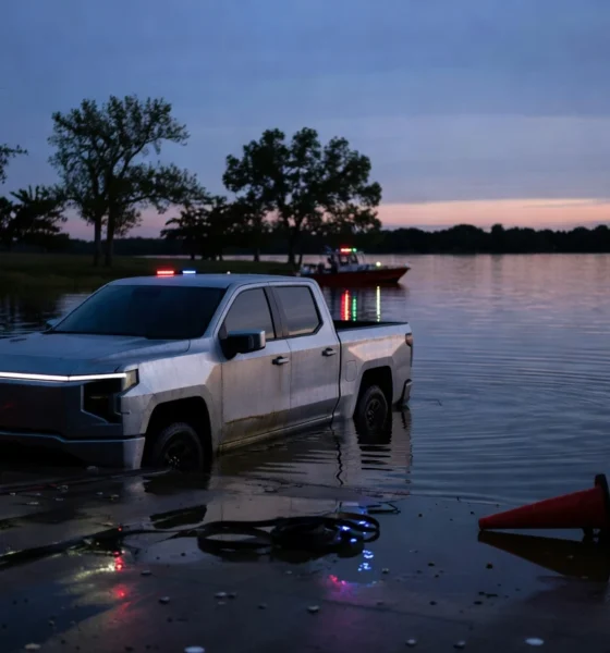 Tesla Cybertruck wade mode failure at Grapevine Lake after Texas driver's arrest.