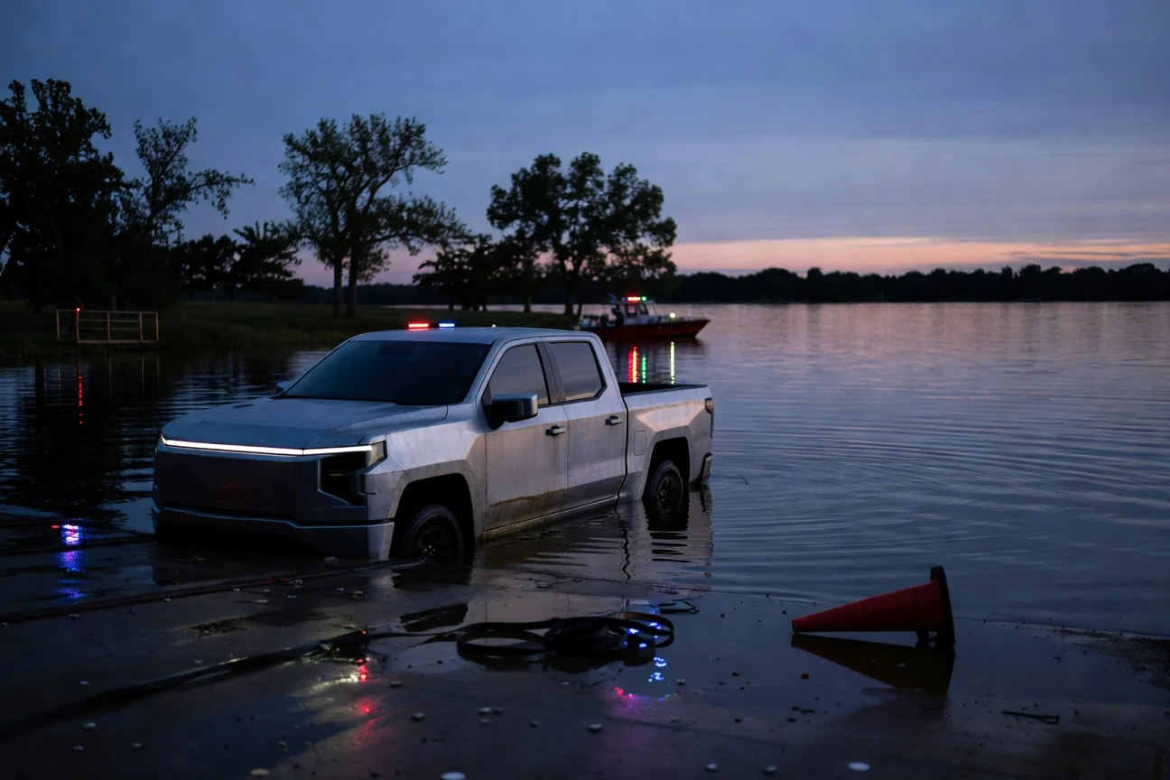 Tesla Cybertruck wade mode failure at Grapevine Lake after Texas driver's arrest.